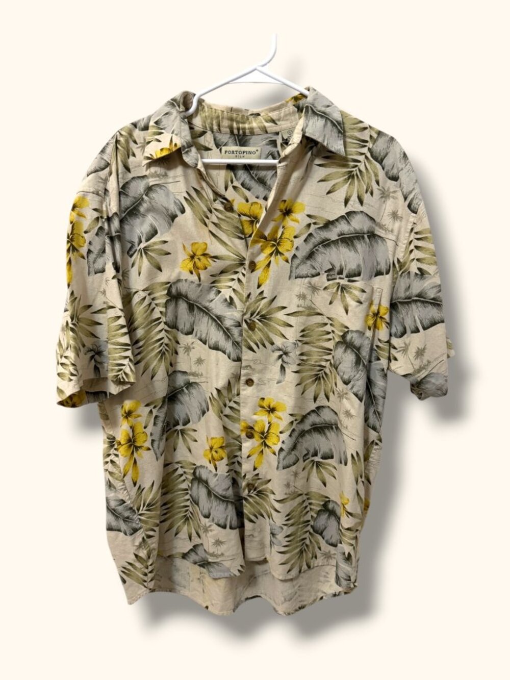 Portofino Silk Hawaiian Shirt Mens L Floral Palm Short Sleeve Cream Button Up